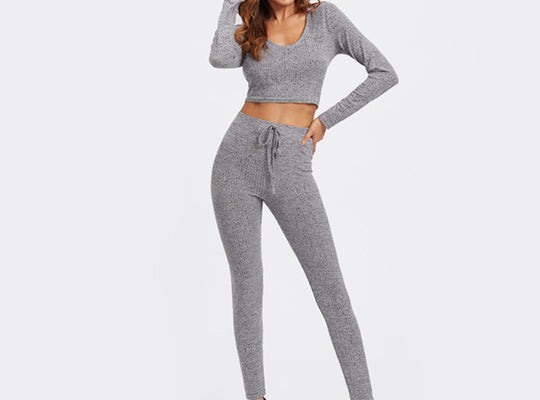 SHEIN Grey Long Sleeve Rib Knit Marled Hoodie Sexy Crop Tee and Leggings Set Autumn 2 Piece Set Women Pant and Top