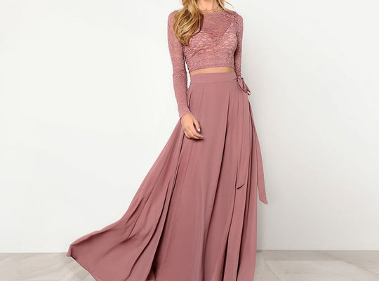 SHEIN Pink Crop Lace Top & Knot Skirt Set Women Round Neck Long Sleeve Belt Elegant Two Pieces Sets 2018 Spring Plain Twopiece