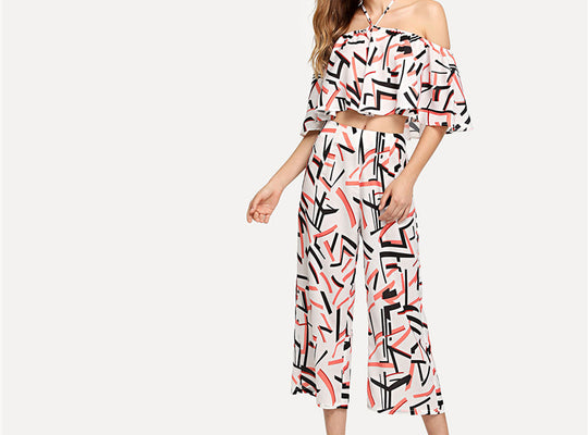 SHEIN Multicolor Vacation Bohemian Beach Frilled Contrast Halter Mixed Striped Top And Pants Set Summer Women Sexy Twopiece