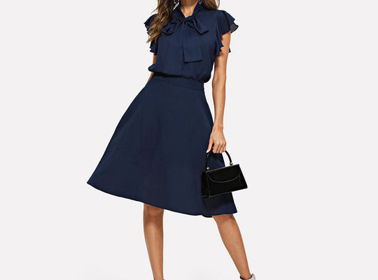 SHEIN Tie Neck Flutter Sleeve Top & Skirt Set Navy Stand Collar Cap Sleeve Ruffle Workwear 2 Set Women Summer Elegant Twopieces