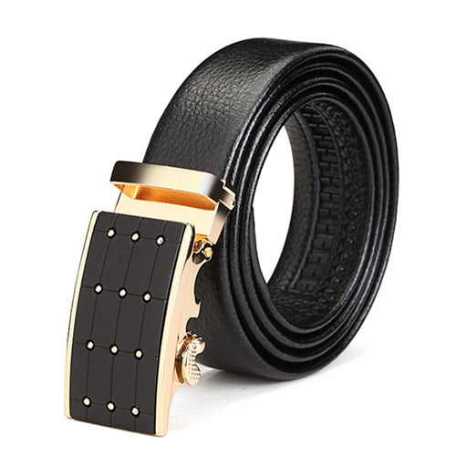 New Mens Good Quality Men First Floor Cowhide Grid Frosted Gold Alloy Adjustable Automatic Buckle Belt Pants Strap 2 Colors