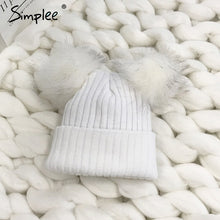 Simplee Winter fur pompom knitted hat cap Women elegant autumn white skullies beanies Casual streetwear warm female black cap