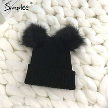 Simplee Winter fur pompom knitted hat cap Women elegant autumn white skullies beanies Casual streetwear warm female black cap