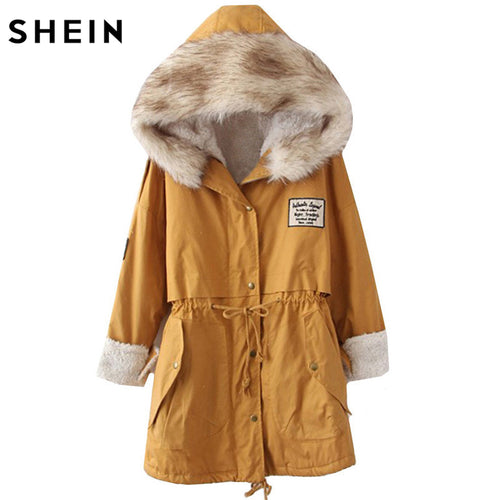 SHEIN 2016 Autumn/Winter Parkas Casual Women Outerwears Twin Pockets Long Sleeve Faux Fur Hooded Buttons Coat
