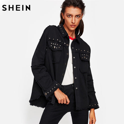 SHEIN Studded Frayed Hem Denim Jacket Autumn Women Coats Black Lapel Single Breasted 2017 Women's Jackets and Coats