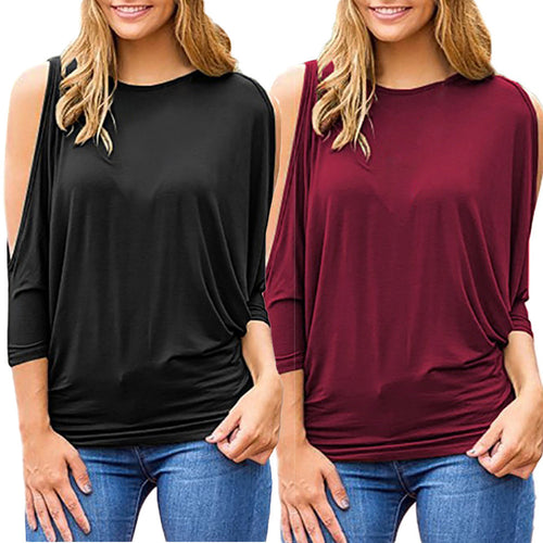 Women's Round Neck 3/4 Sleeve T-shirt Strapless Loose Blouse Plus Size Tops