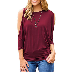Women's Round Neck 3/4 Sleeve T-shirt Strapless Loose Blouse Plus Size Tops