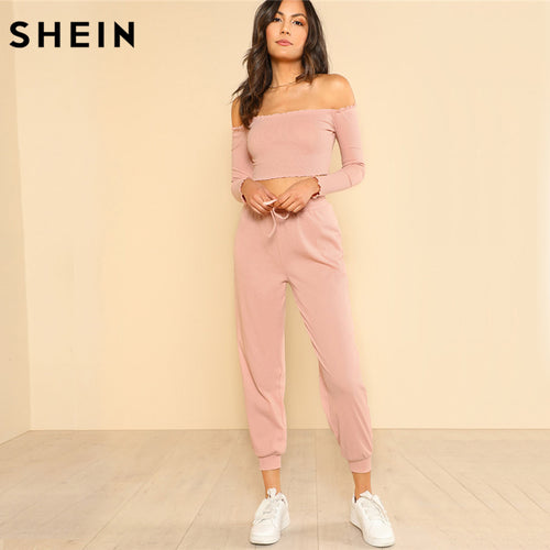 SHEIN Women 2 Piece Set Top and Pants Casual Woman Set Pink Off the Shoulder Crop Bardot Top and Drawstring Pants Set