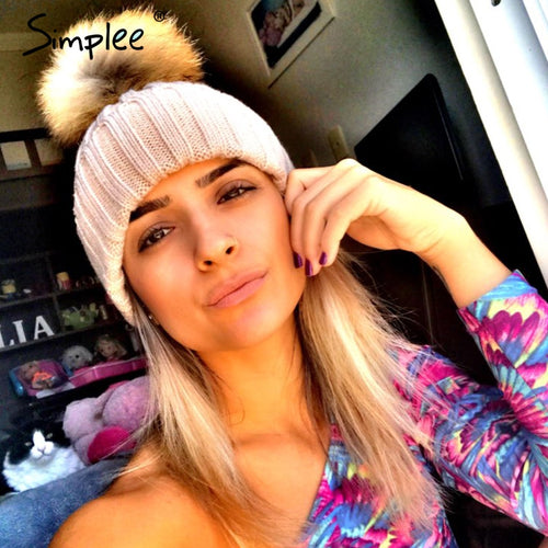 Simplee Removable real fur pompon Bobble hats for women skullies beanies Warm stocking hat 2016 autumn cap winter hat female