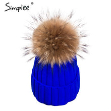 Simplee Removable real fur pompon Bobble hats for women skullies beanies Warm stocking hat 2016 autumn cap winter hat female