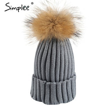 Simplee Removable real fur pompon Bobble hats for women skullies beanies Warm stocking hat 2016 autumn cap winter hat female