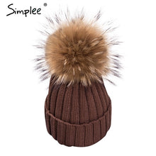 Simplee Removable real fur pompon Bobble hats for women skullies beanies Warm stocking hat 2016 autumn cap winter hat female