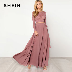 SHEIN Pink Crop Lace Top & Knot Skirt Set Women Round Neck Long Sleeve Belt Elegant Two Pieces Sets 2018 Spring Plain Twopiece