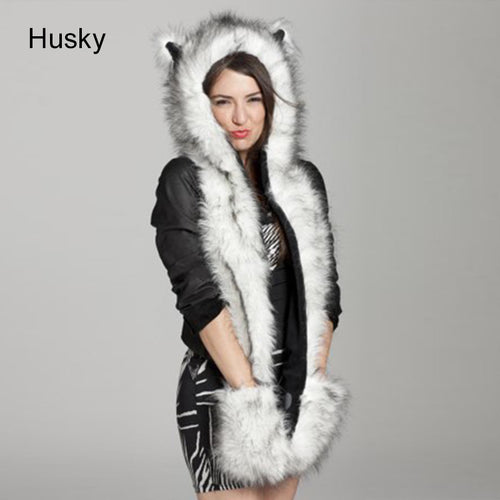 Faux Fur Hood Animal Hat Ear Flaps Hand Pockets 3in1 Animal Hood Hat Wolf Plush 2018 Winter Warm Animal Cap With Scarf Gloves
