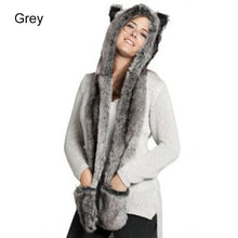 Faux Fur Hood Animal Hat Ear Flaps Hand Pockets 3in1 Animal Hood Hat Wolf Plush 2018 Winter Warm Animal Cap With Scarf Gloves