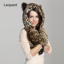 Faux Fur Hood Animal Hat Ear Flaps Hand Pockets 3in1 Animal Hood Hat Wolf Plush 2018 Winter Warm Animal Cap With Scarf Gloves