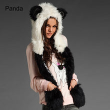 Faux Fur Hood Animal Hat Ear Flaps Hand Pockets 3in1 Animal Hood Hat Wolf Plush 2018 Winter Warm Animal Cap With Scarf Gloves