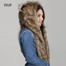 Faux Fur Hood Animal Hat Ear Flaps Hand Pockets 3in1 Animal Hood Hat Wolf Plush 2018 Winter Warm Animal Cap With Scarf Gloves