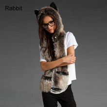 Faux Fur Hood Animal Hat Ear Flaps Hand Pockets 3in1 Animal Hood Hat Wolf Plush 2018 Winter Warm Animal Cap With Scarf Gloves