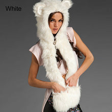 Faux Fur Hood Animal Hat Ear Flaps Hand Pockets 3in1 Animal Hood Hat Wolf Plush 2018 Winter Warm Animal Cap With Scarf Gloves