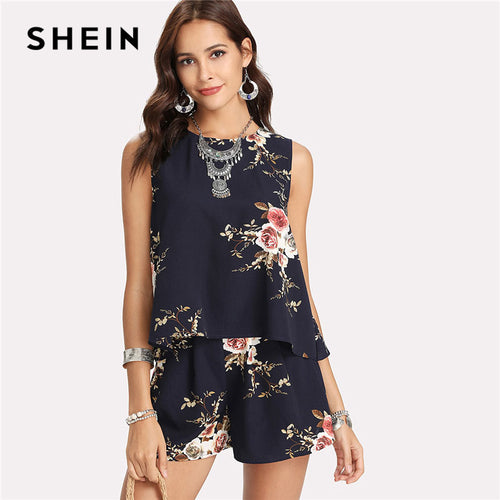 SHEIN Floral Print Overlap Back Top & Shorts Set Women Round Neck Sleeveless Button 2 Pieces Sets 2018 Summer Boho Twopiece