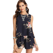 SHEIN Floral Print Overlap Back Top & Shorts Set Women Round Neck Sleeveless Button 2 Pieces Sets 2018 Summer Boho Twopiece