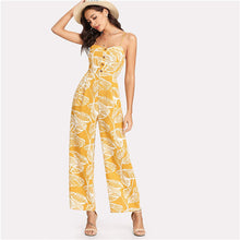 SHEIN Summer Vacation 2018 Spaghetti Strap Boho High Waist Tropical Palm Leaf Print Shirred Wide Leg Cami Palazzo Women Jumpsuit