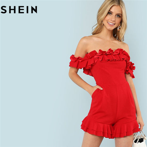 SHEIN Summer Women Sleeveless Red Off the Shoulder Playsuits Fashion Ruffles Trim Mid Waist Solid Elegant Party Bodycon Rompers