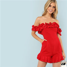 SHEIN Summer Women Sleeveless Red Off the Shoulder Playsuits Fashion Ruffles Trim Mid Waist Solid Elegant Party Bodycon Rompers