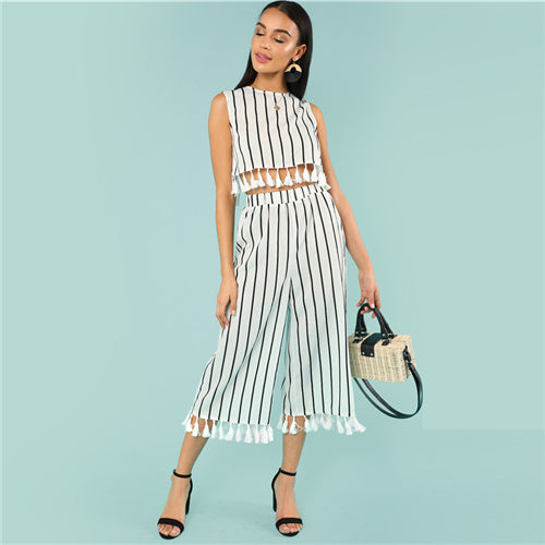 Tassel Trim Striped Shell Top And Culotte Pants Set Round Neck Crop Top With Wide Leg Trousers Woman Vacation Twopiece
