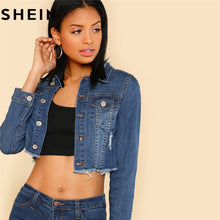SHEIN Women Blue Long Sleeve Short Casual Denim Jackets 2018 Turn-down Collar Plain Raw Hem Distressed Crop Jean Coat Clothes