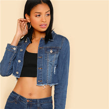 SHEIN Women Blue Long Sleeve Short Casual Denim Jackets 2018 Turn-down Collar Plain Raw Hem Distressed Crop Jean Coat Clothes