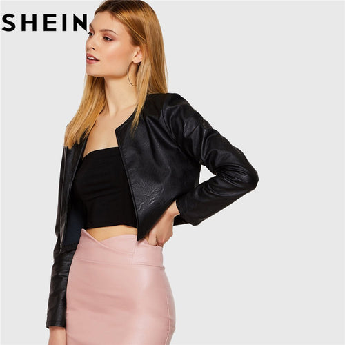 SHEIN Womens Black Rock PU Leather Short Jacket Spring Fall 2018 Fashion Moto Biker Solid Long Sleeve Open Placket Crop Jacket