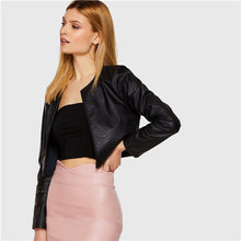 SHEIN Womens Black Rock PU Leather Short Jacket Spring Fall 2018 Fashion Moto Biker Solid Long Sleeve Open Placket Crop Jacket