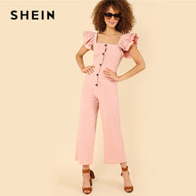 SHEIN Pink Preppy Square Neck Sleeveless Layered Ruffle Strap Button Up Mid Waist Solid Jumpsuit Summer Women Casual Jumpsuits