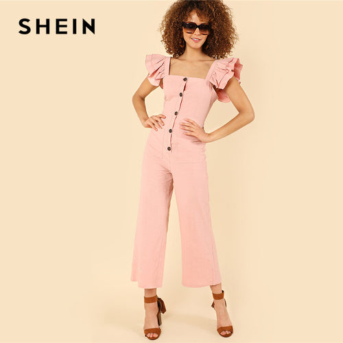 SHEIN Pink Preppy Square Neck Sleeveless Layered Ruffle Strap Button Up Mid Waist Solid Jumpsuit Summer Women Casual Jumpsuits