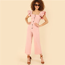 SHEIN Pink Preppy Square Neck Sleeveless Layered Ruffle Strap Button Up Mid Waist Solid Jumpsuit Summer Women Casual Jumpsuits