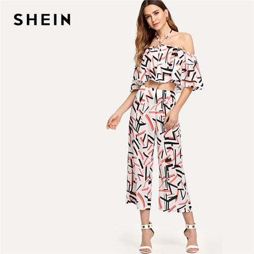 SHEIN Multicolor Vacation Bohemian Beach Frilled Contrast Halter Mixed Striped Top And Pants Set Summer Women Sexy Twopiece