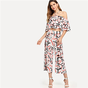 SHEIN Multicolor Vacation Bohemian Beach Frilled Contrast Halter Mixed Striped Top And Pants Set Summer Women Sexy Twopiece