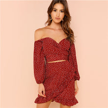 SHEIN Burgundy Vacation Bohemian Beach Backless Off Shoulder Bishop Sleeve Top And Ruffle Skirt Set Summer Women Casual Twopiece
