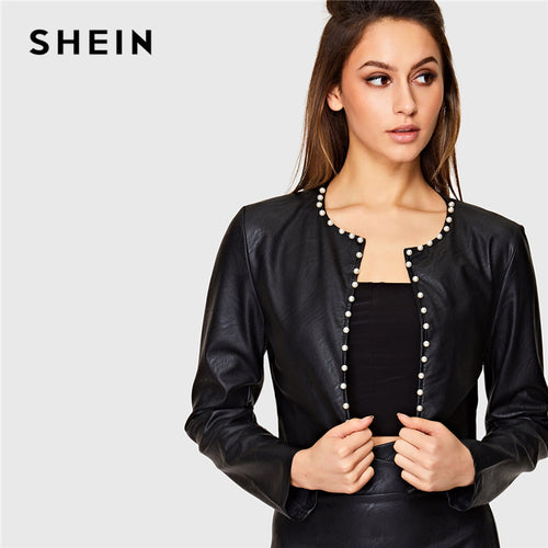 SHEIN Black Office Lady Workwear PU Jackets With Pearl Trim Autumn Streetwear Women Round Neck Elegant Casual Solid Jacket