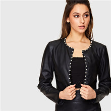 SHEIN Black Office Lady Workwear PU Jackets With Pearl Trim Autumn Streetwear Women Round Neck Elegant Casual Solid Jacket