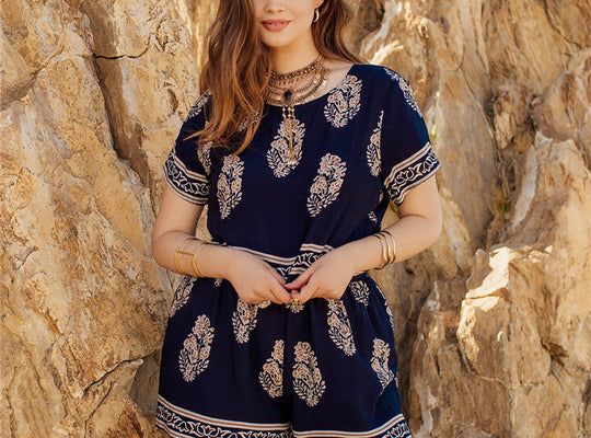 SHEIN Navy Tribal Print Round Neck Short Sleeve Plus Size Women Top And Shorts Set 2018 Summer Boho Indie Folk Two-piece Sets